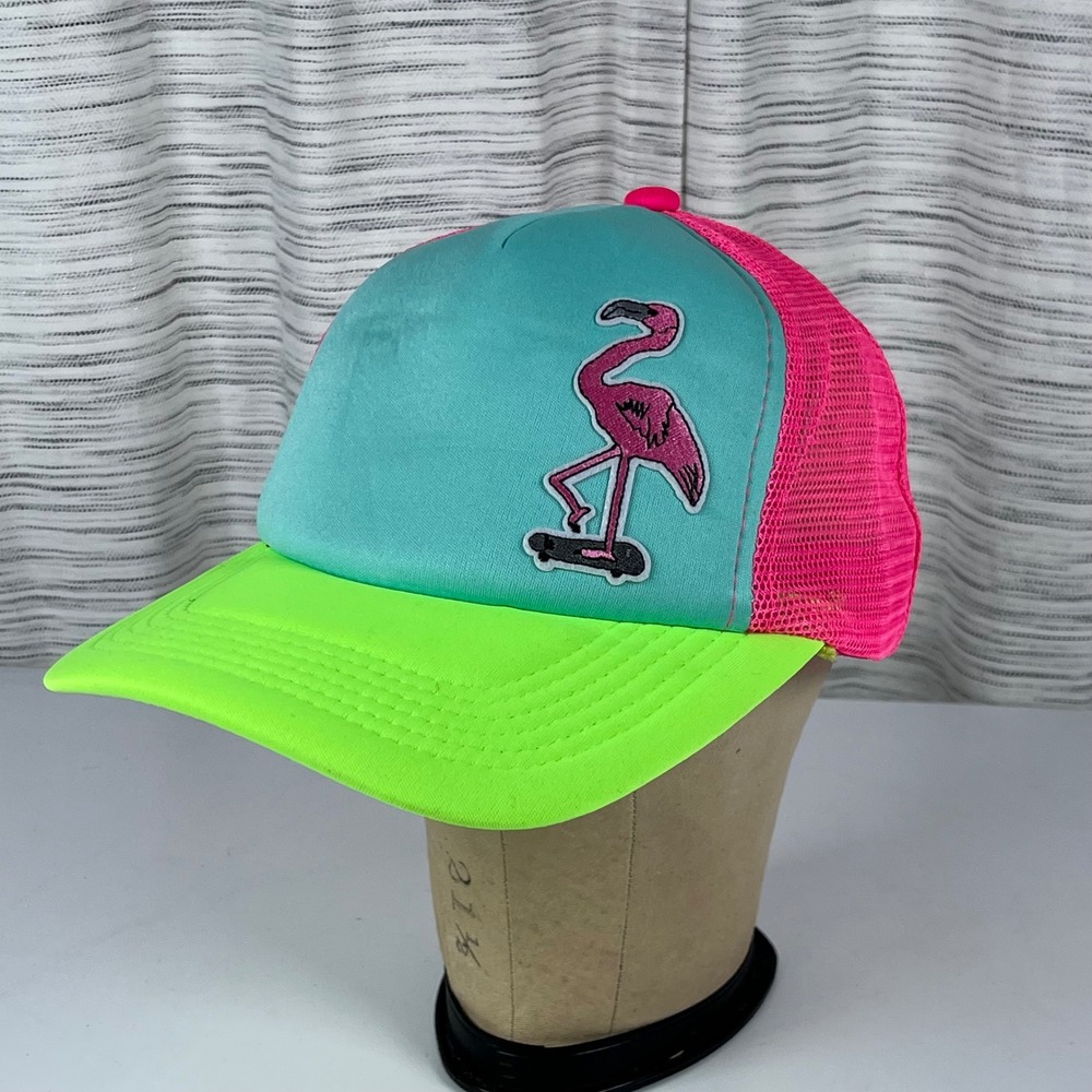 Neon Flamingo Skateboard Trucker Hat Snapback Mesh Cap‎ Pink Green Teal Retro